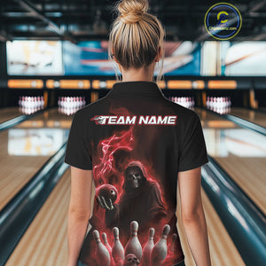 Custom Red Flame Grim Reaper Bowling Women Polo Shirts, Skull Halloween Bowler Outfit IPHW9735