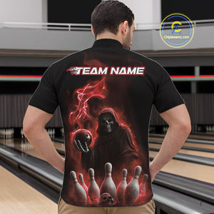 Custom Red Flame Grim Reaper Bowling Men Quarter-Zip Shirts, Skull Halloween Bowler Outfit IPHW9735