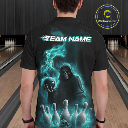 Custom Turquoise Blue Flame Grim Reaper Bowling Men Polo Shirts, Halloween Bowler Outfit IPHW9736