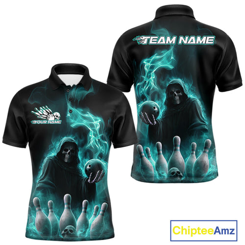 Custom Turquoise Blue Flame Grim Reaper Bowling Men Polo Shirts, Halloween Bowler Outfit IPHW9736