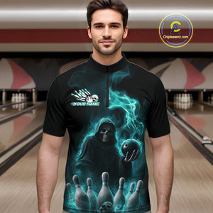 Custom Turquoise Blue Flame Grim Reaper Bowling Men Quarter-Zip Shirts, Halloween Bowler Outfit IPHW9736