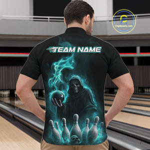 Custom Turquoise Blue Flame Grim Reaper Bowling Men Quarter-Zip Shirts, Halloween Bowler Outfit IPHW9736