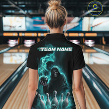 Load image into Gallery viewer, Custom Turquoise Blue Flame Grim Reaper Bowling Women Quarter-Zip Shirt, Halloween Outfit IPHW9736