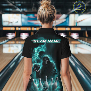 Custom Turquoise Blue Flame Grim Reaper Bowling Women Quarter-Zip Shirt, Halloween Outfit IPHW9736