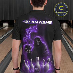 Custom Purple Flame Grim Reaper Bowling Men Polo Shirts, Halloween Bowler Outfit IPHW9737