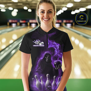 Custom Purple Flame Grim Reaper Bowling Women Quarter-Zip Shirts, Halloween Bowler Outfit IPHW9737