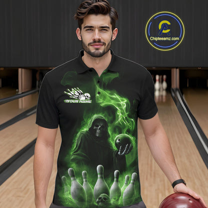 Custom Green Flame Grim Reaper Bowling Men Polo Shirts, Halloween Bowler Outfit IPHW9738