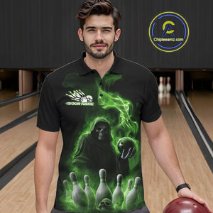 Custom Green Flame Grim Reaper Bowling Men Polo Shirts, Halloween Bowler Outfit IPHW9738