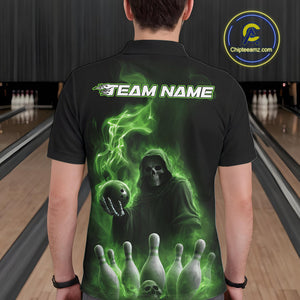 Custom Green Flame Grim Reaper Bowling Men Polo Shirts, Halloween Bowler Outfit IPHW9738