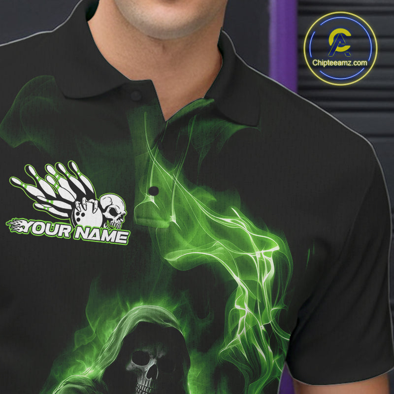 Custom Green Flame Grim Reaper Bowling Men Polo Shirts, Halloween Bowler Outfit IPHW9738