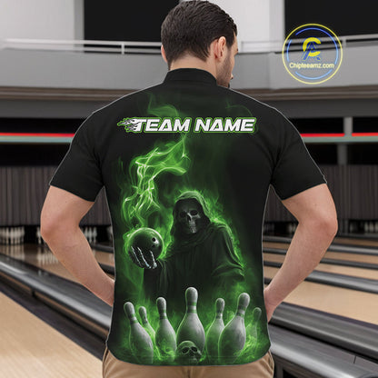 Custom Green Flame Grim Reaper Bowling Men Quarter-Zip Shirts, Halloween Bowler Outfit IPHW9738