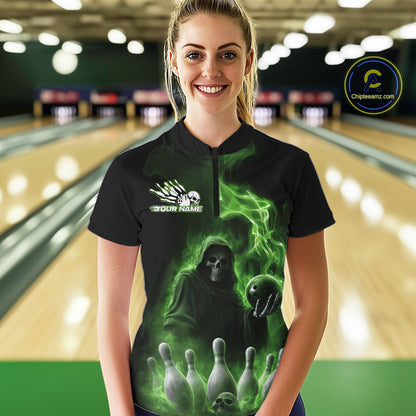 Custom Green Flame Grim Reaper Bowling Women Quarter-Zip Shirts, Halloween Bowler Outfit IPHW9738