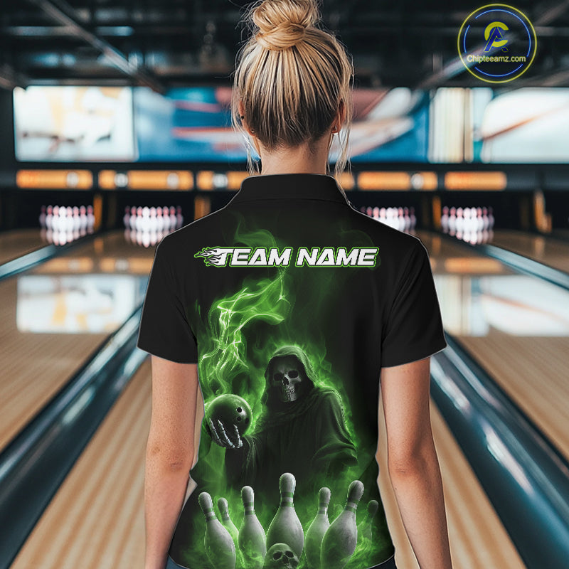 Custom Green Flame Grim Reaper Bowling Women Quarter-Zip Shirts, Halloween Bowler Outfit IPHW9738