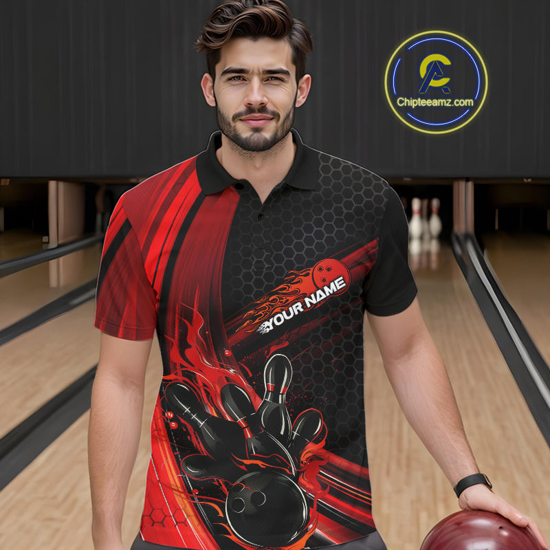Custom Black And Red Flame Bowling Jerseys, Bowling Team Polo Shirts For Men IPHW9884