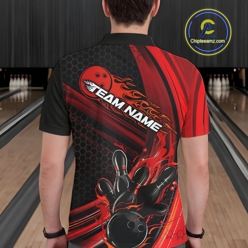Custom Black And Red Flame Bowling Jerseys, Bowling Team Polo Shirts For Men IPHW9884
