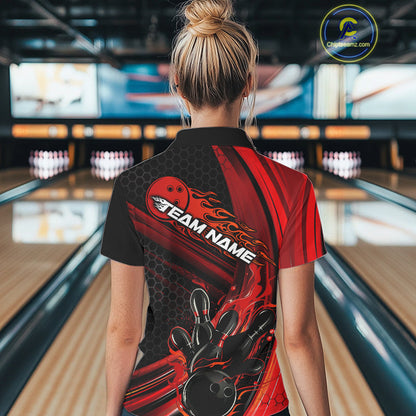 Custom Black And Red Flame Bowling Jerseys, Bowling Team Polo Shirts For Women IPHW9884
