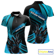 Load image into Gallery viewer, Custom Black And Blue Flame Bowling Jerseys, Bowling Team Polo Shirts For Women IPHW9885