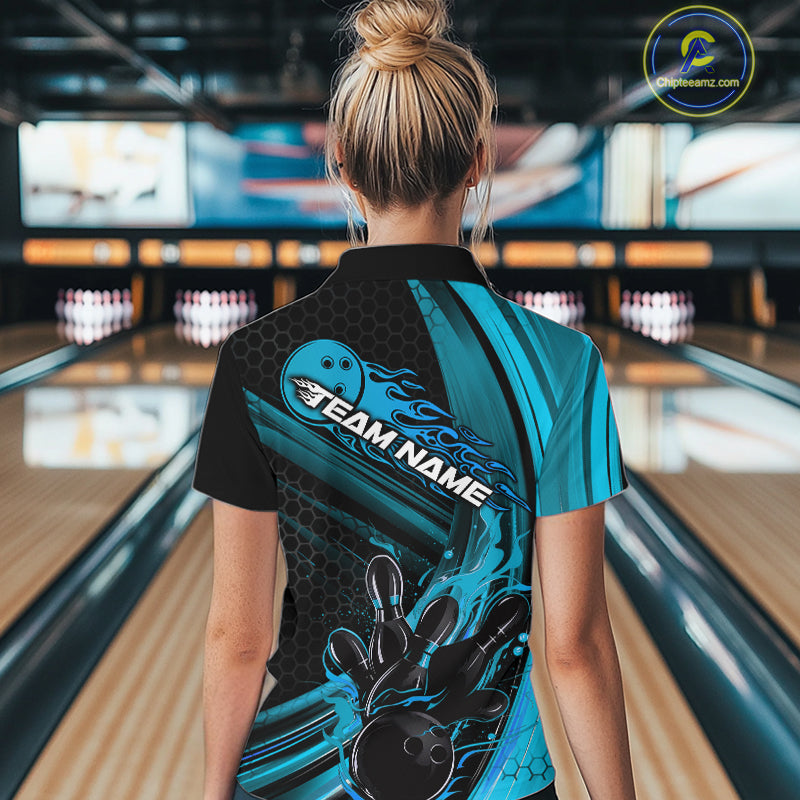 Custom Black And Blue Flame Bowling Jerseys, Bowling Team Quarter-Zip Shirts For Women IPHW9885