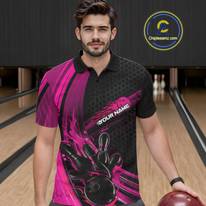 Custom Black And Pink Flame Bowling Jerseys, Bowling Team Polo Shirts For Men IPHW9886