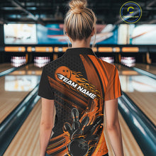 Load image into Gallery viewer, Custom Black And Orange Flame Bowling Jerseys, Bowling Team Polo Shirts For Women IPHW9887