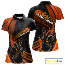 Load image into Gallery viewer, Custom Black And Orange Flame Bowling Jerseys, Bowling Team Polo Shirts For Women IPHW9887