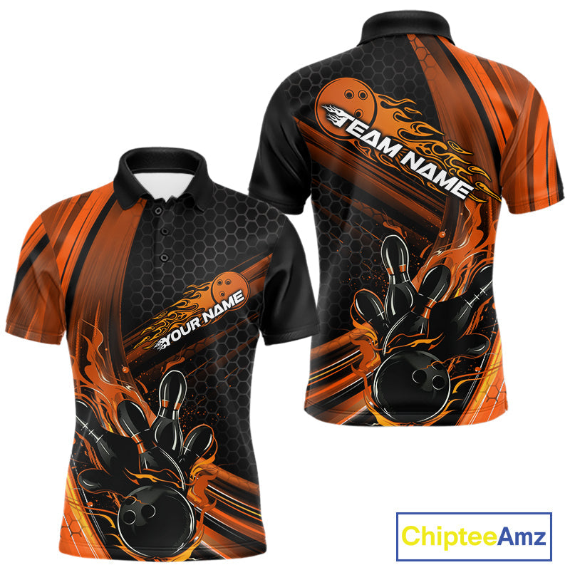 Custom Black And Orange Flame Bowling Jerseys, Bowling Team Polo Shirts For Men IPHW9887