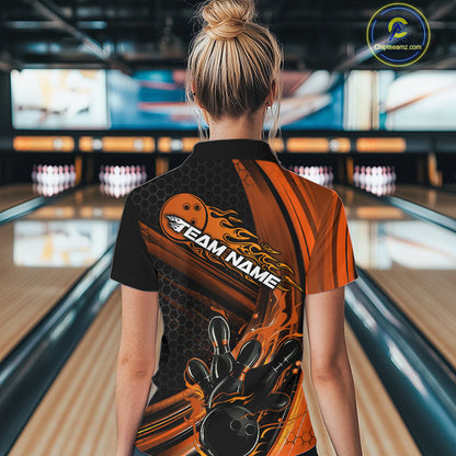 Custom Black And Orange Flame Bowling Jerseys, Bowling Team Quarter-Zip Shirts For Women IPHW9887