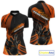 Load image into Gallery viewer, Custom Black And Orange Flame Bowling Jerseys, Bowling Team Quarter-Zip Shirts For Women IPHW9887
