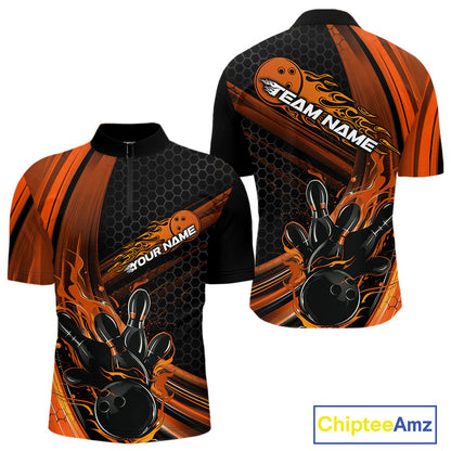 Custom Black And Orange Flame Bowling Jerseys, Bowling Team Quarter-Zip Shirts For Men IPHW9887