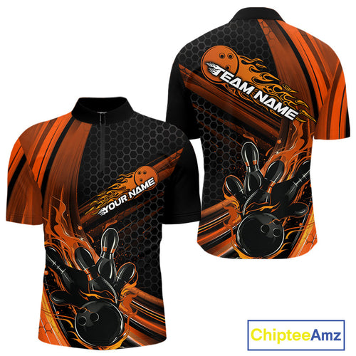 Custom Black And Orange Flame Bowling Jerseys, Bowling Team Quarter-Zip Shirts For Men IPHW9887