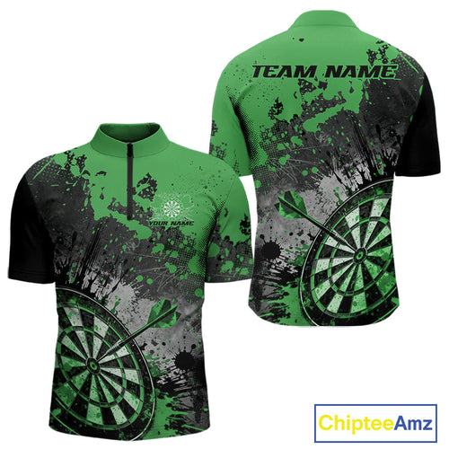 Custom Black And Green Splatter Dart Men Quarter-Zip Shirt, Grunge Style Dart Team Jerseys IPHW10054