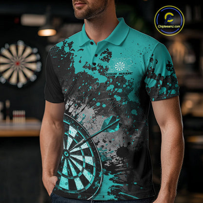Custom Black And Blue-Green Splatter Dart Men Polo Shirt, Grunge Style Dart Team Jerseys IPHW10055