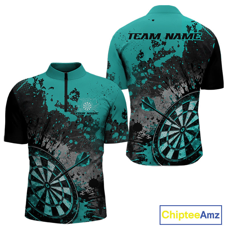 Custom Black And Blue-Green Splatter Dart Men Quarter-Zip Shirt, Grunge Style Dart Team Jerseys IPHW10055