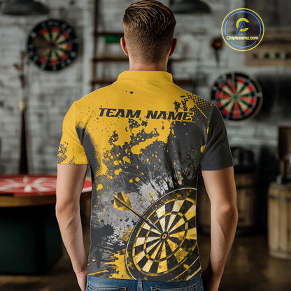 Custom Black And Yellow Splatter Dart Men Polo Shirt, Grunge Style Dart Team Jerseys IPHW10056