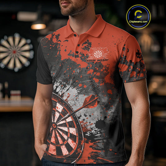 Custom Black And Orange Splatter Dart Men Polo Shirt, Grunge Style Dart Team Jerseys IPHW10057