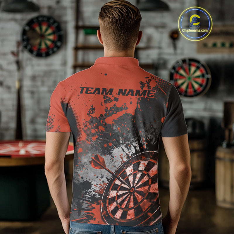 Custom Black And Orange Splatter Dart Men Polo Shirt, Grunge Style Dart Team Jerseys IPHW10057
