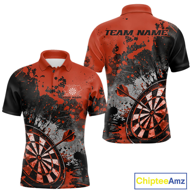Custom Black And Orange Splatter Dart Men Polo Shirt, Grunge Style Dart Team Jerseys IPHW10057