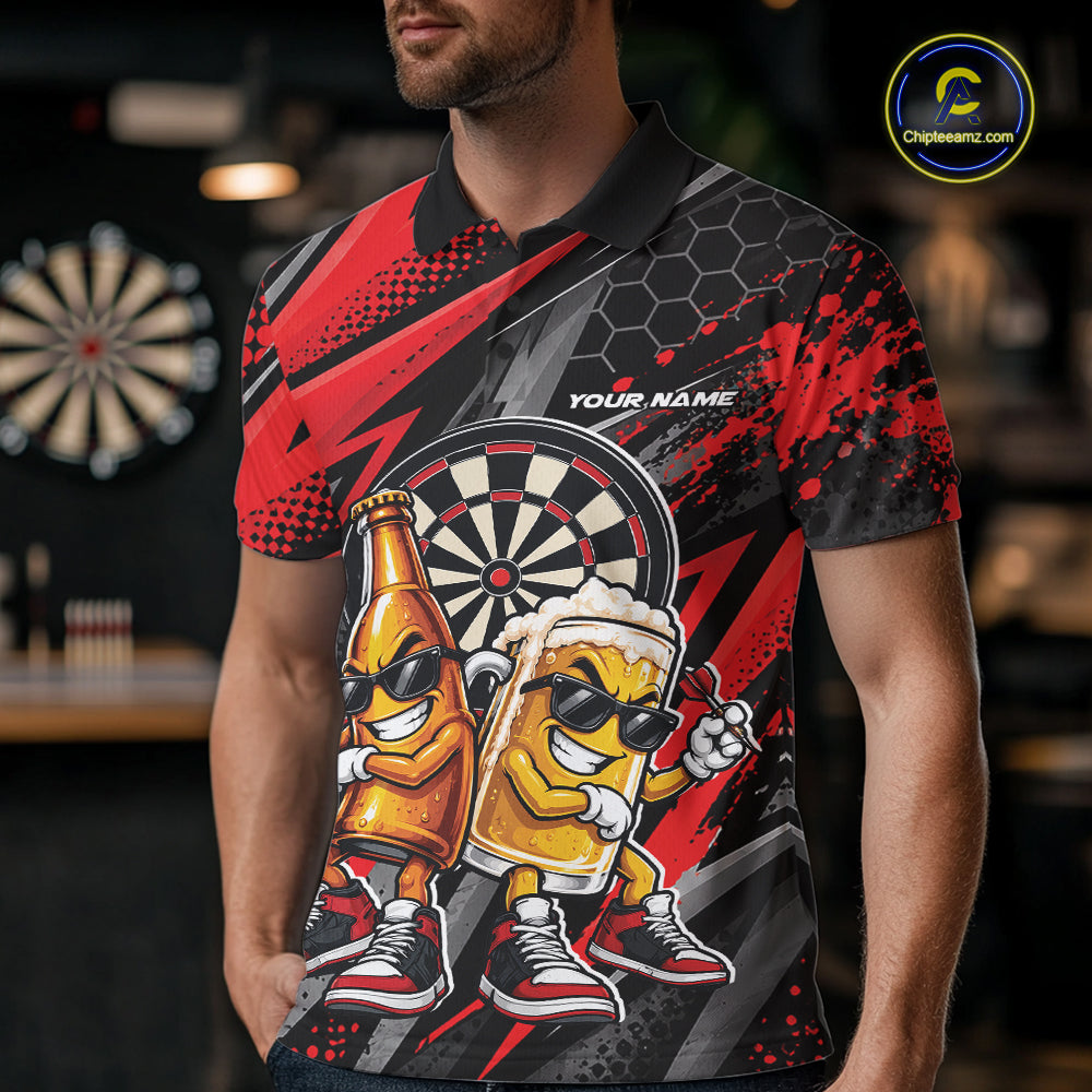 Custom Black And Red Beer Bottle And Beer Pitcher Funny Dart Buddies Men Polo Shirt IPHW12672