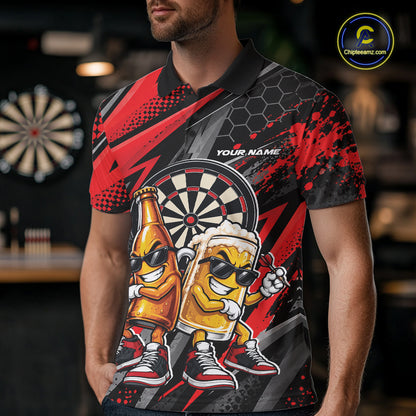 Custom Black And Red Beer Bottle And Beer Pitcher Funny Dart Buddies Men Polo Shirt IPHW12672