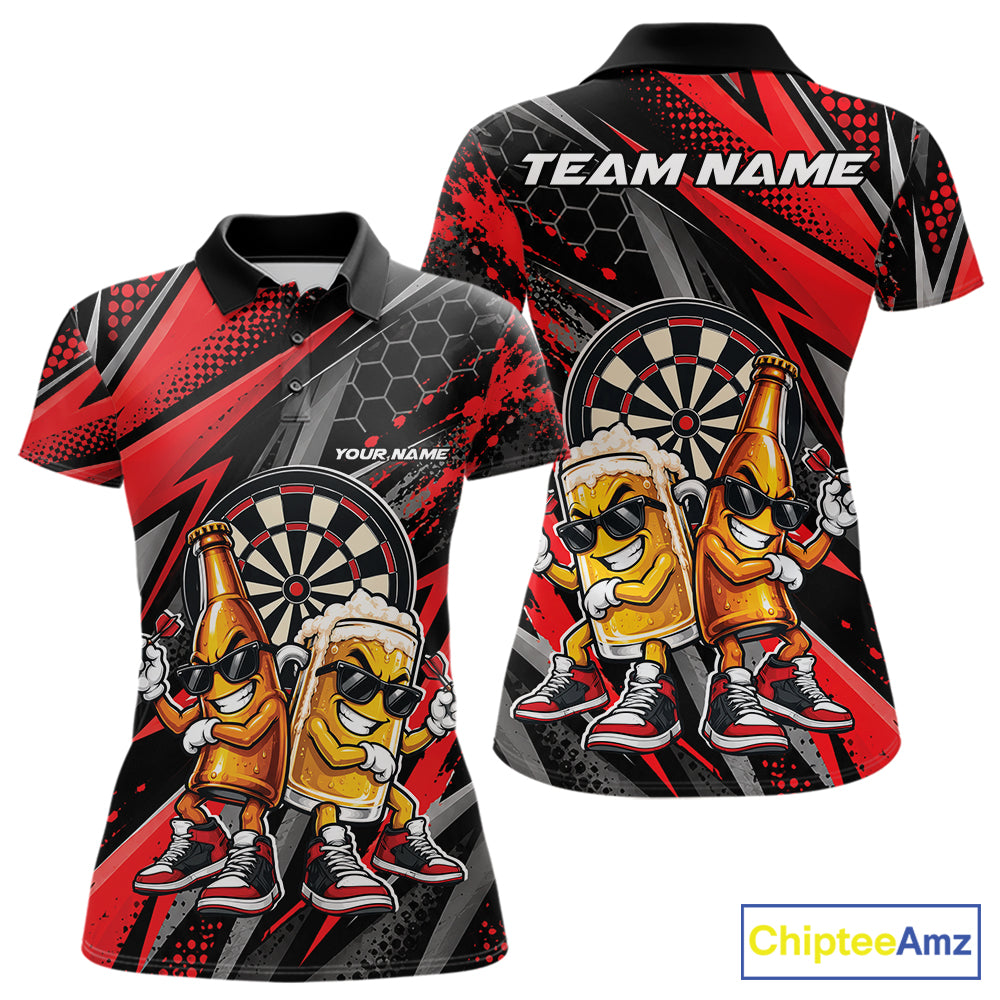 Custom Black And Red Beer Bottle And Beer Pitcher Funny Dart Buddies Women Polo Shirt IPHW12672