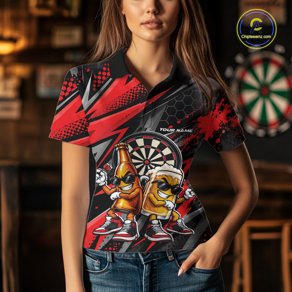 Custom Black And Red Beer Bottle And Beer Pitcher Funny Dart Buddies Women Polo Shirt IPHW12672