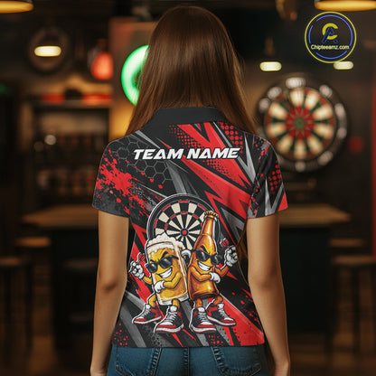 Custom Black And Red Beer Bottle And Beer Pitcher Funny Dart Buddies Women Polo Shirt IPHW12672