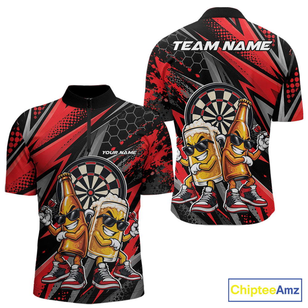 Custom Black And Red Beer Bottle And Beer Pitcher Funny Dart Buddies Men Quarter Zip Shirt IPHW12672