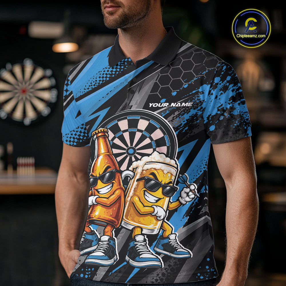 Custom Black And Blue Beer Bottle And Beer Pitcher Funny Dart Buddies Men Polo Shirt IPHW12673