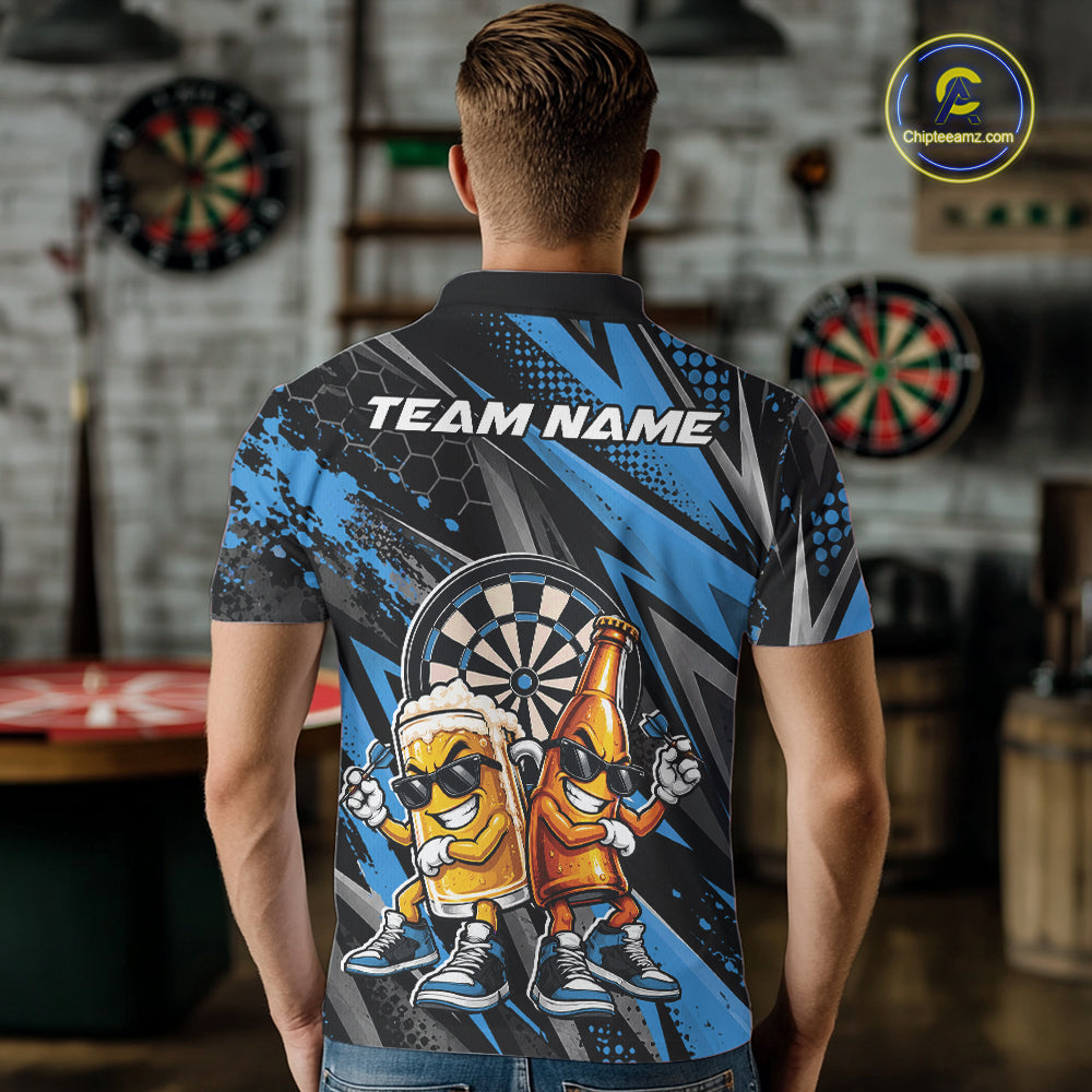 Custom Black And Blue Beer Bottle And Beer Pitcher Funny Dart Buddies Men Polo Shirt IPHW12673