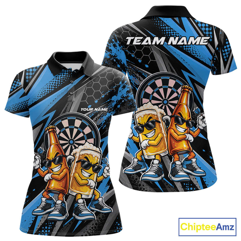 Custom Black And Blue Beer Bottle And Beer Pitcher Funny Dart Buddies Women Polo Shirt IPHW12673
