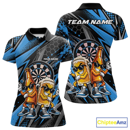 Custom Black And Blue Beer Bottle And Beer Pitcher Funny Dart Buddies Women Polo Shirt IPHW12673