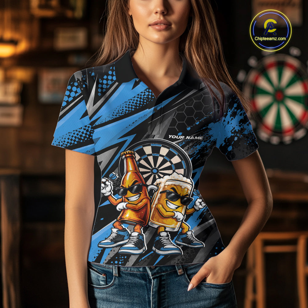 Custom Black And Blue Beer Bottle And Beer Pitcher Funny Dart Buddies Women Polo Shirt IPHW12673