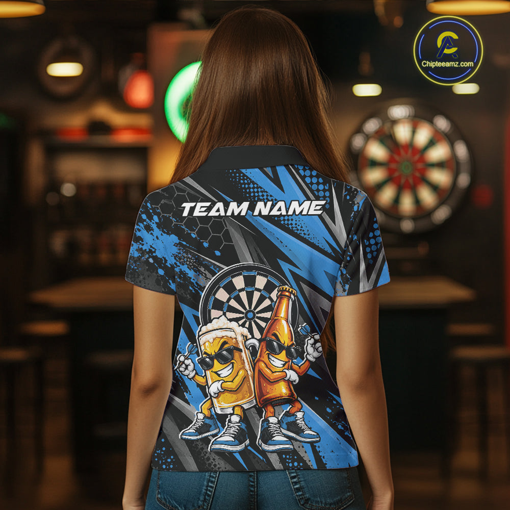 Custom Black And Blue Beer Bottle And Beer Pitcher Funny Dart Buddies Women Polo Shirt IPHW12673