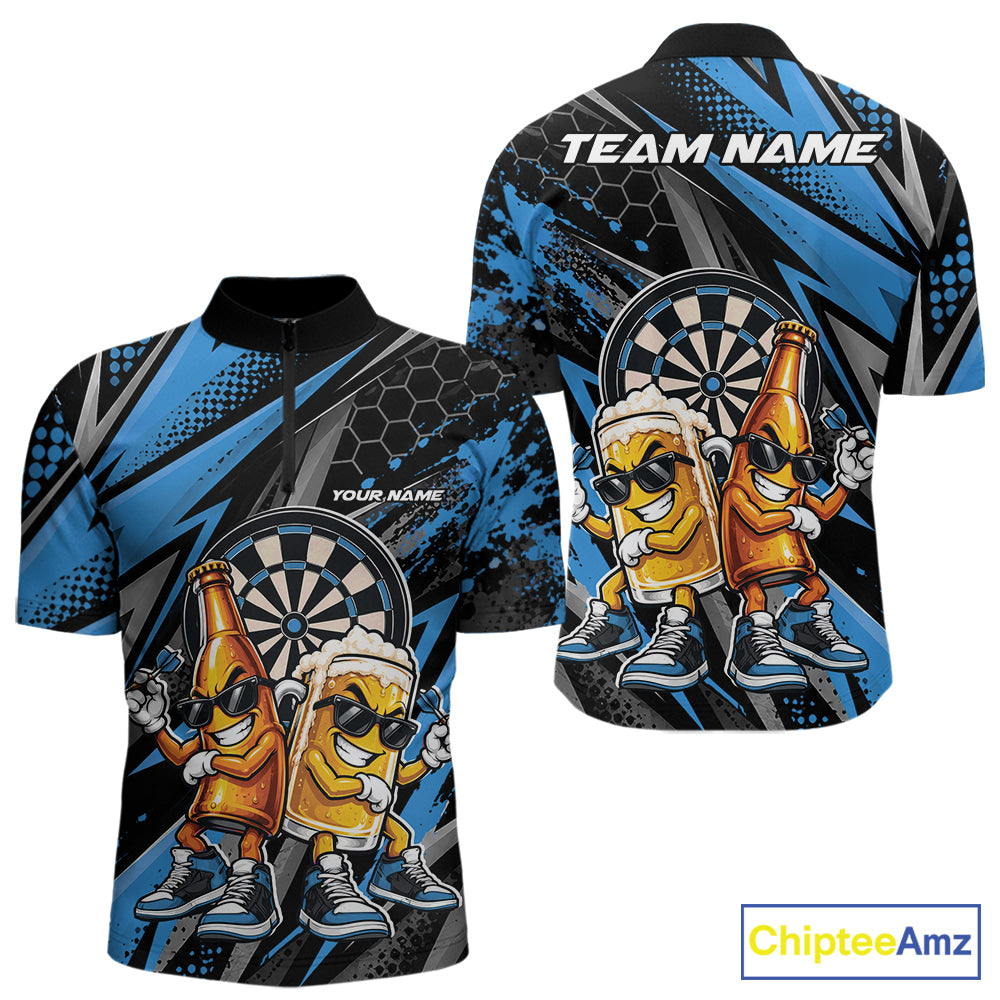 Custom Black And Blue Beer Bottle And Beer Pitcher Funny Dart Buddies Men Quarter Zip Shirt IPHW12673